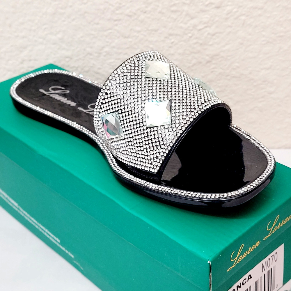 Lauren Lorraine Bianca Size 5.5 Black Rhinestone Slides Sandals Teens Shoes NIB